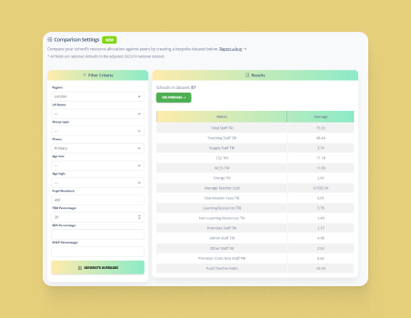 Comparison settings and results table with configurable filter criteria